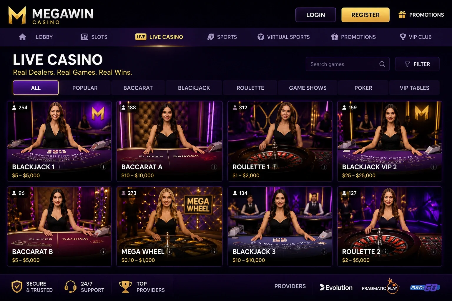 MEGAWIN Casino live casino lobby with blackjack, baccarat, roulette and Mega Wheel tables powered by Evolution and Pragmatic Play