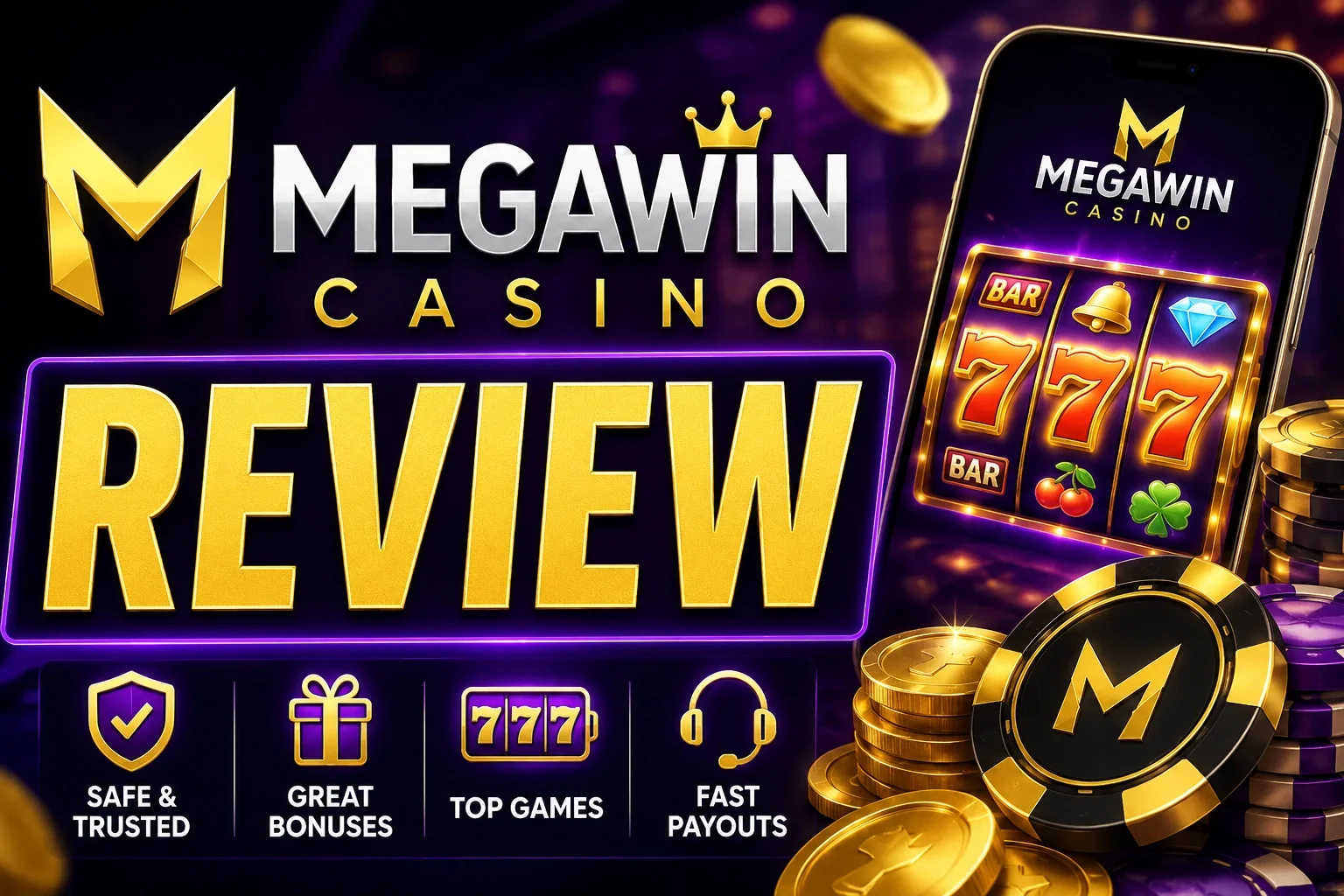MEGAWIN Casino review 2026 — logo, mobile slot reels and casino chips