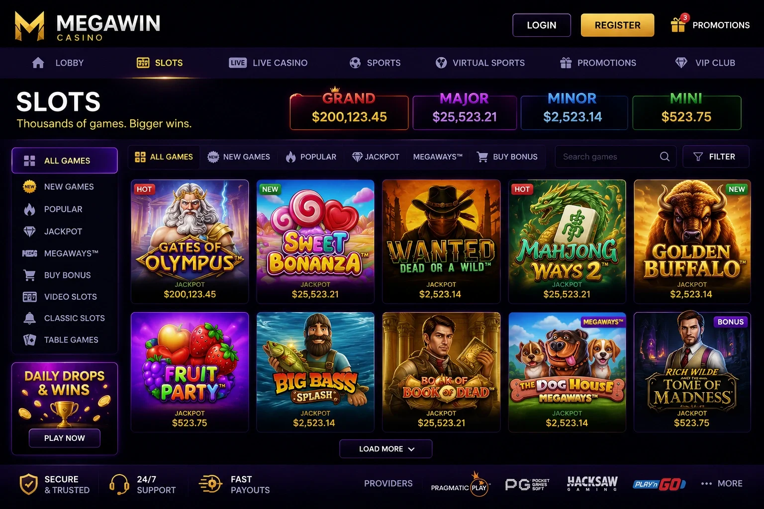 MEGAWIN Casino slots lobby showing the Grand, Major, Minor and Mini jackpots and games from Pragmatic Play, PG Soft, Hacksaw and Play'n GO