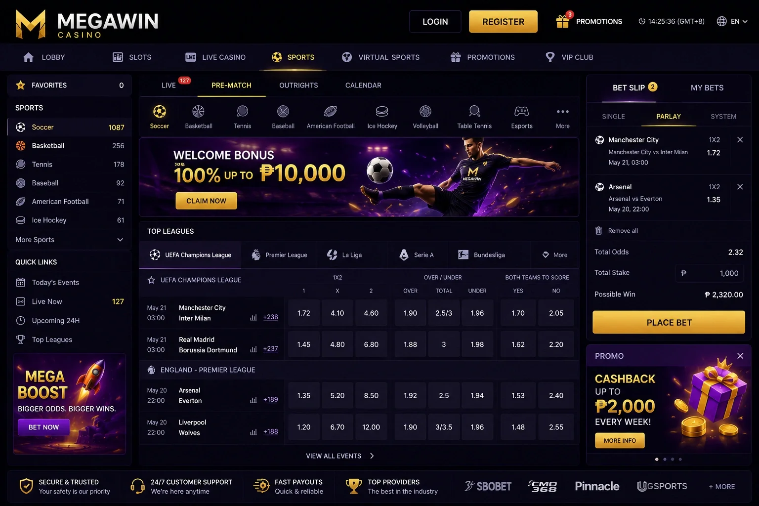 MEGAWIN Casino sportsbook showing soccer pre-match odds, a two-leg parlay bet slip and SBOBET, CMD368 and Pinnacle provider logos