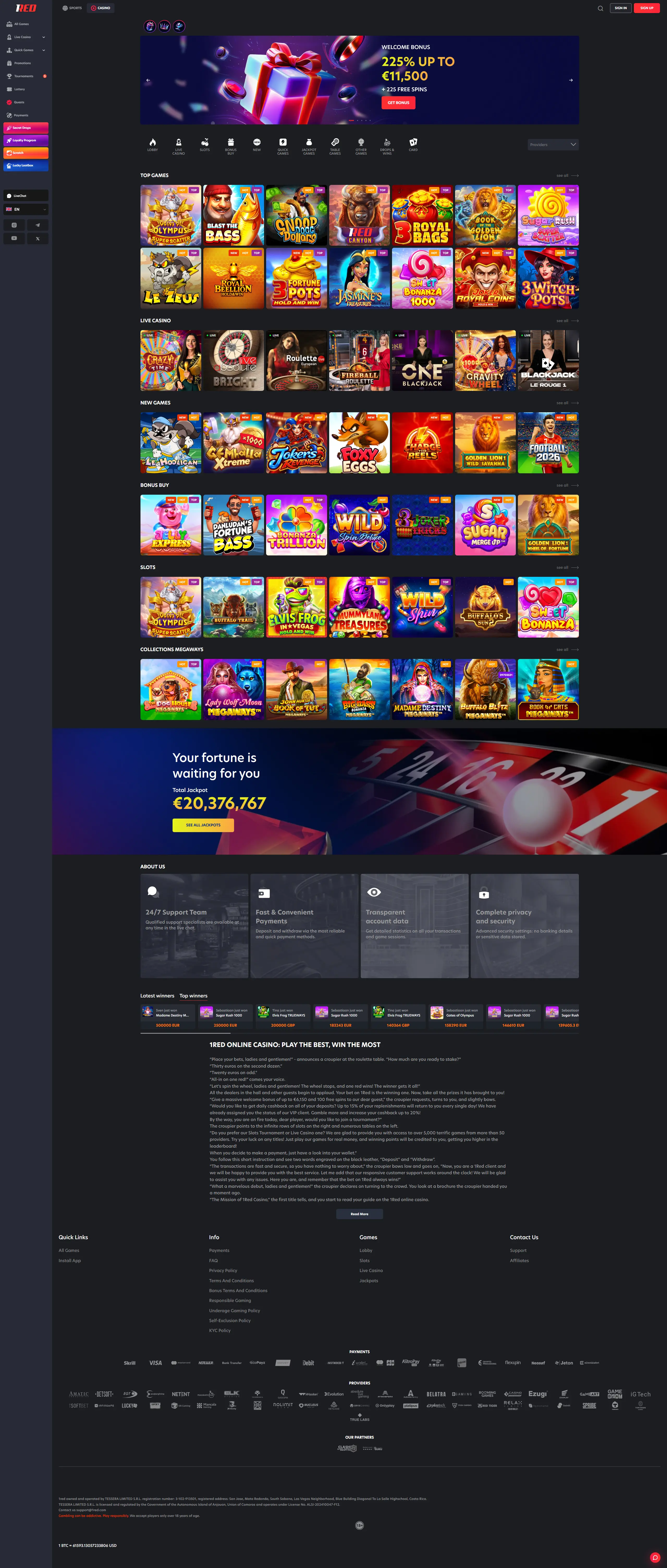 1Red Casino homepage showing the welcome bonus banner, top games, live casino and Megaways slots at this non UK casino and sportsbook, tested June 2026