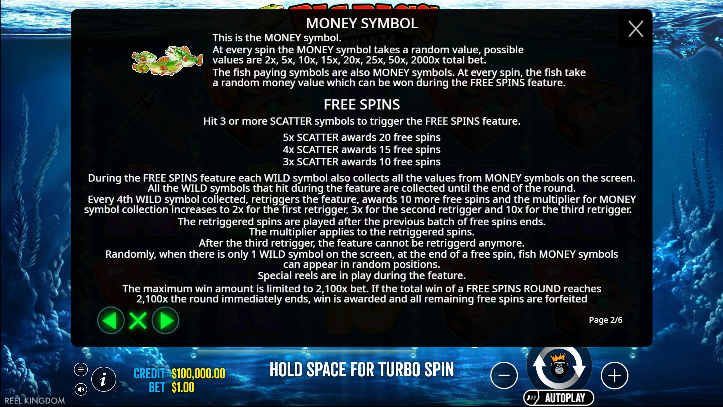 Big Bass Bonanza free spins and money symbol rules showing scatter awards, wild collection, retrigger multipliers up to 10x and the 2100x maximum win