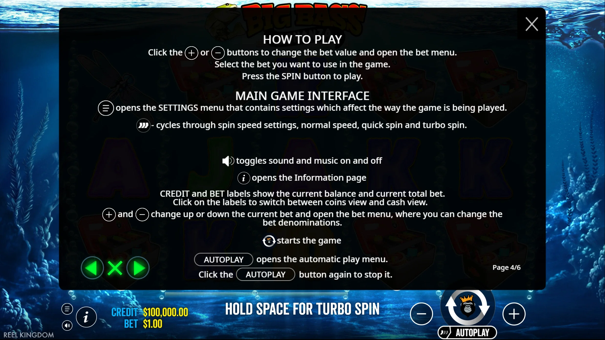 Big Bass Bonanza how to play screen showing the bet controls, spin button, settings menu, spin speed and autoplay options at a non GamStop casino