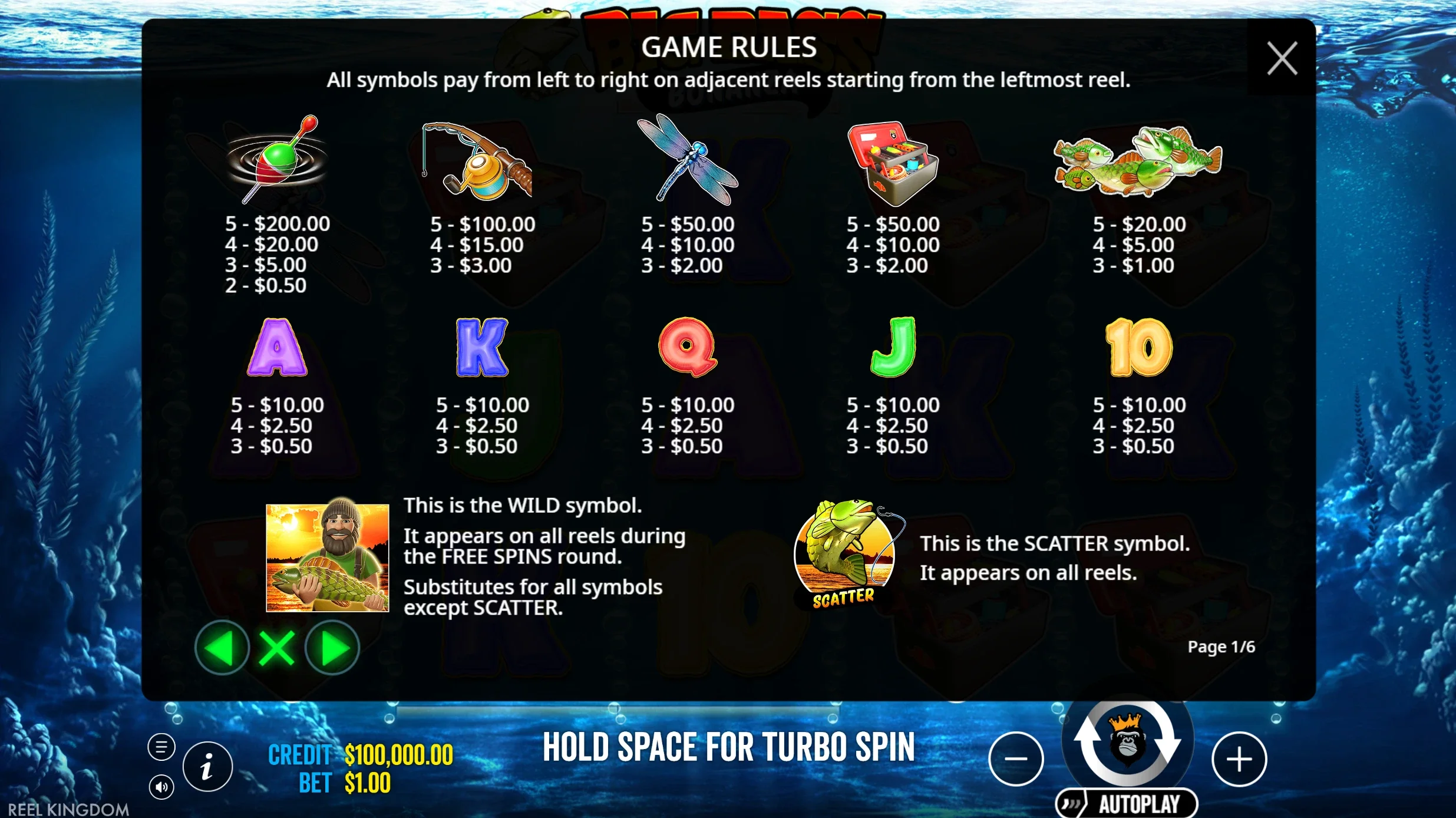 Big Bass Bonanza paytable screenshot showing symbol payouts for the float, rod, dragonfly, tackle box, fish and royal symbols plus the wild and scatter rules