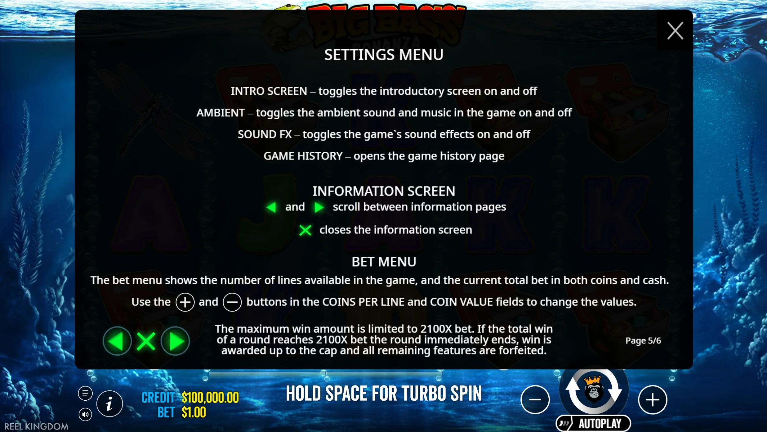 Big Bass Bonanza settings menu screenshot showing intro screen, ambient sound, sound effects and game history options plus the bet menu