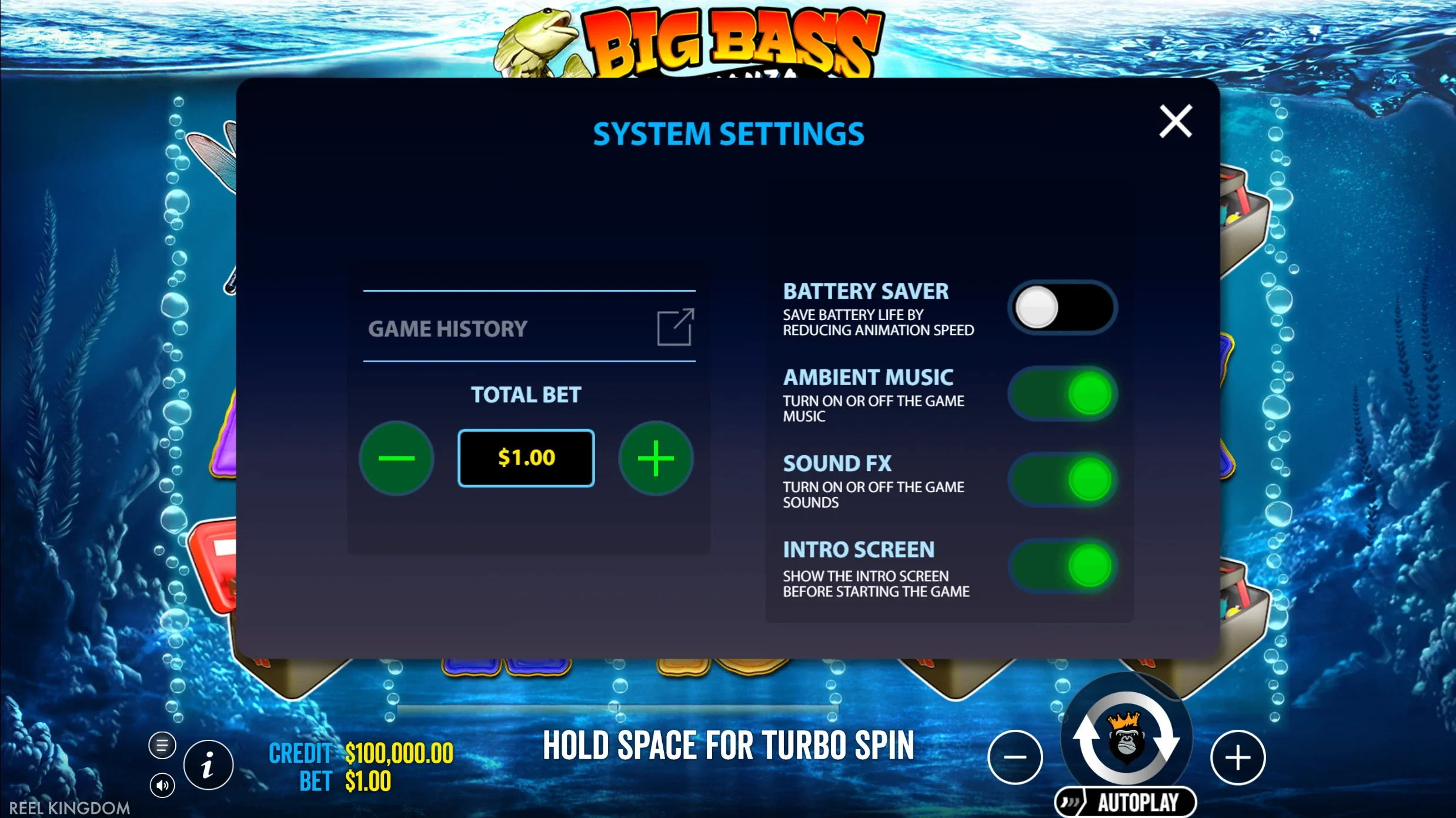 Big Bass Bonanza system settings panel with battery saver, ambient music, sound effects and intro screen toggles and total bet controls