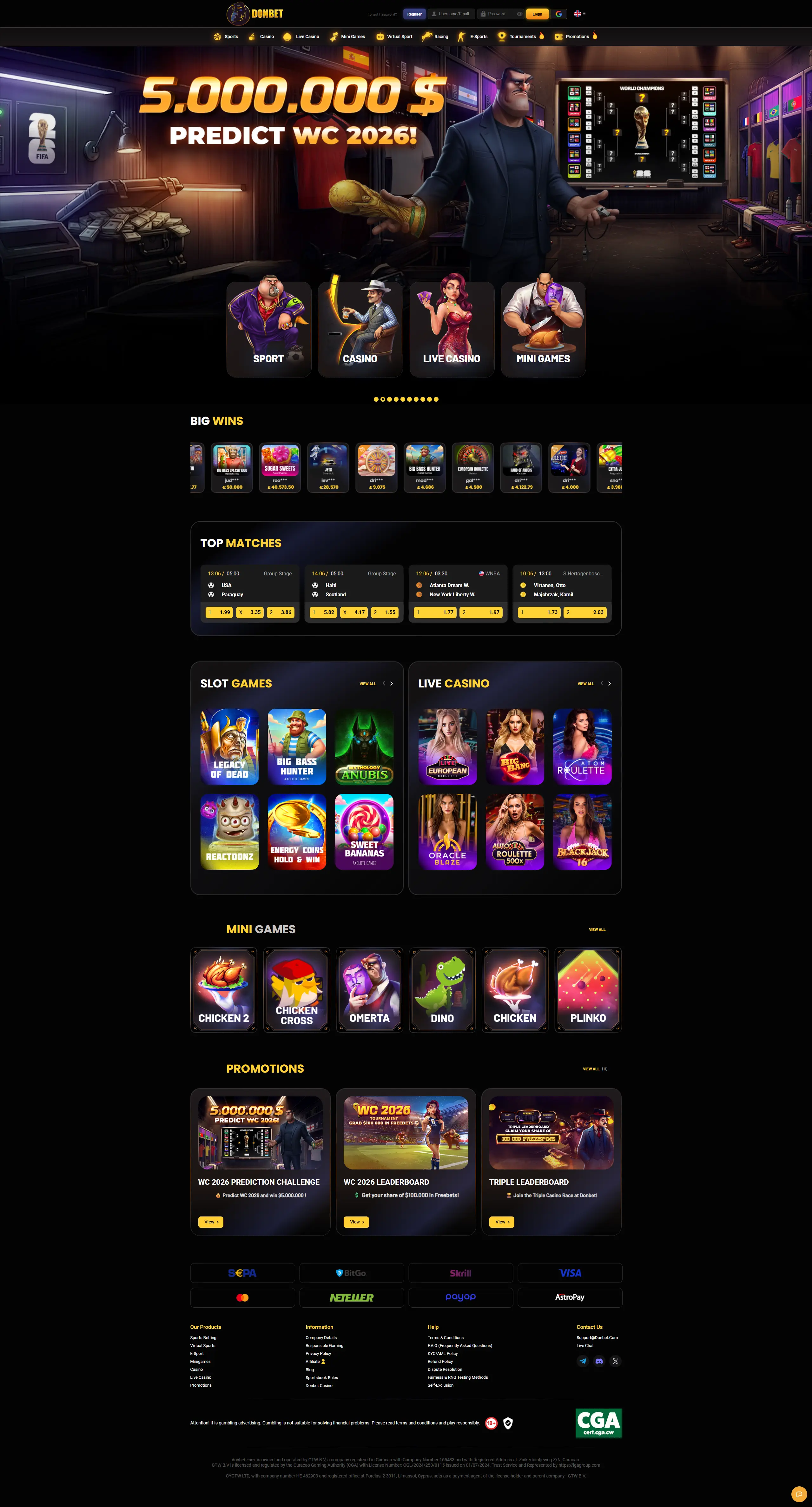 Donbet Casino homepage with the sportsbook promotion, top matches, slot games, live casino and mini games at this crypto non UK casino, tested June 2026