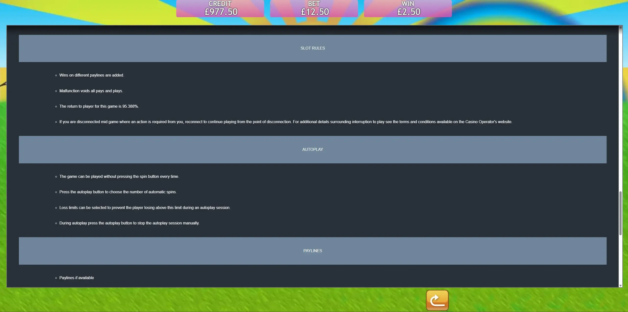 Fluffy Favourites slot rules and autoplay screen showing the 95.388 percent RTP, malfunction rules and autoplay loss-limit options at a casino not on GamStop