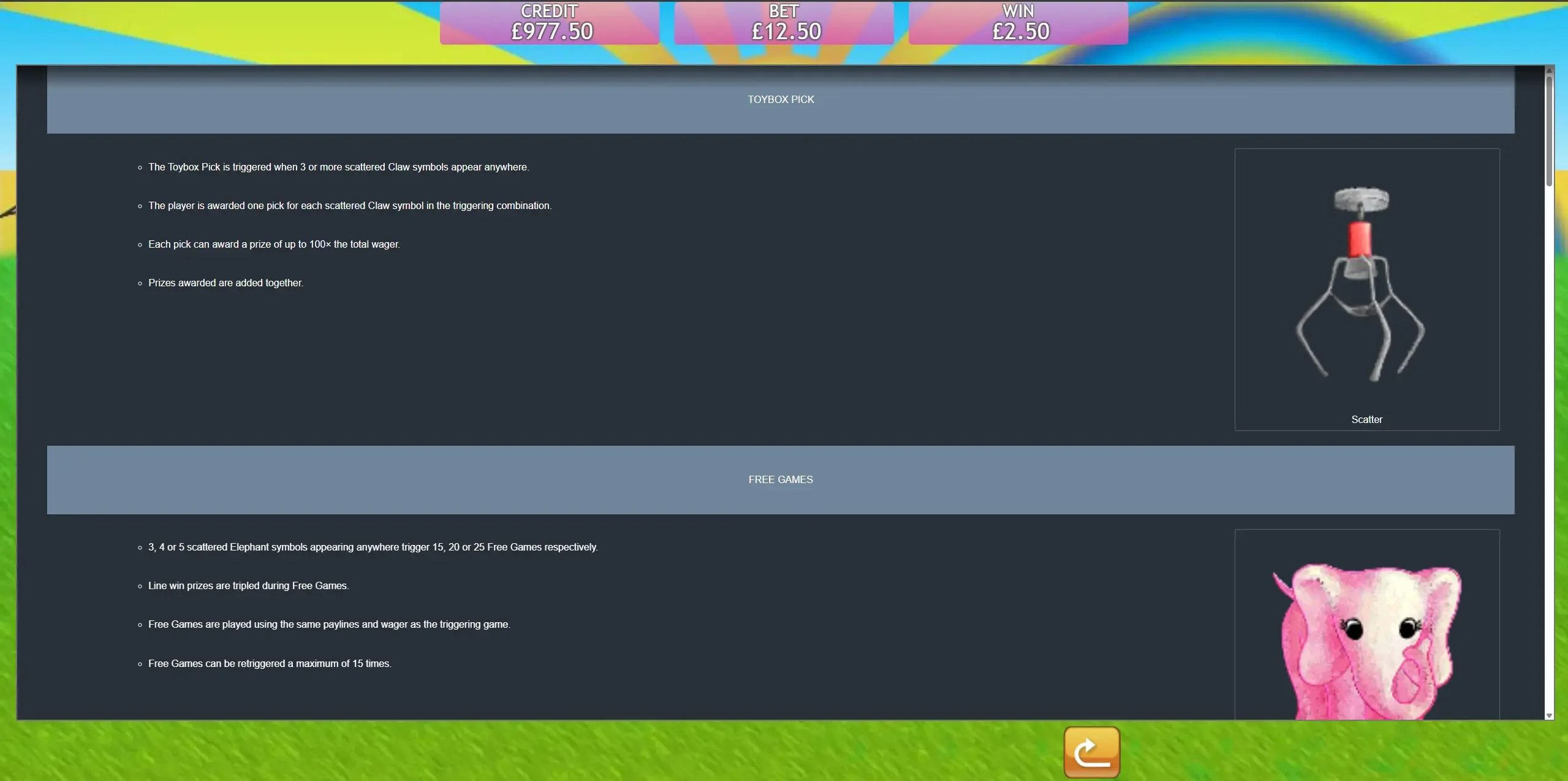 Fluffy Favourites Toybox Pick and Free Games rules — Claw scatter awards picks up to 100x, and 3, 4 or 5 elephant scatters award 15, 20 or 25 free games with tripled line wins