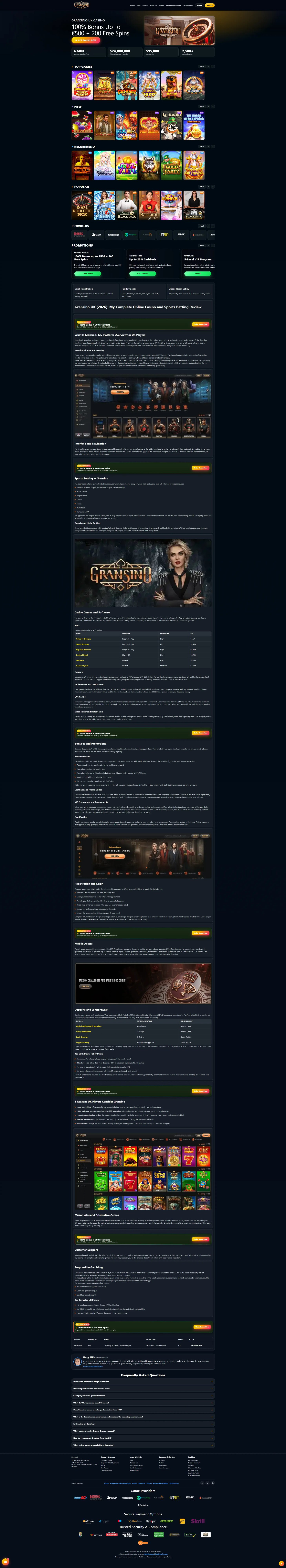 Gransino Casino homepage and full review page showing the welcome bonus, top games, game providers and casino information for this non UK casino, tested June 2026