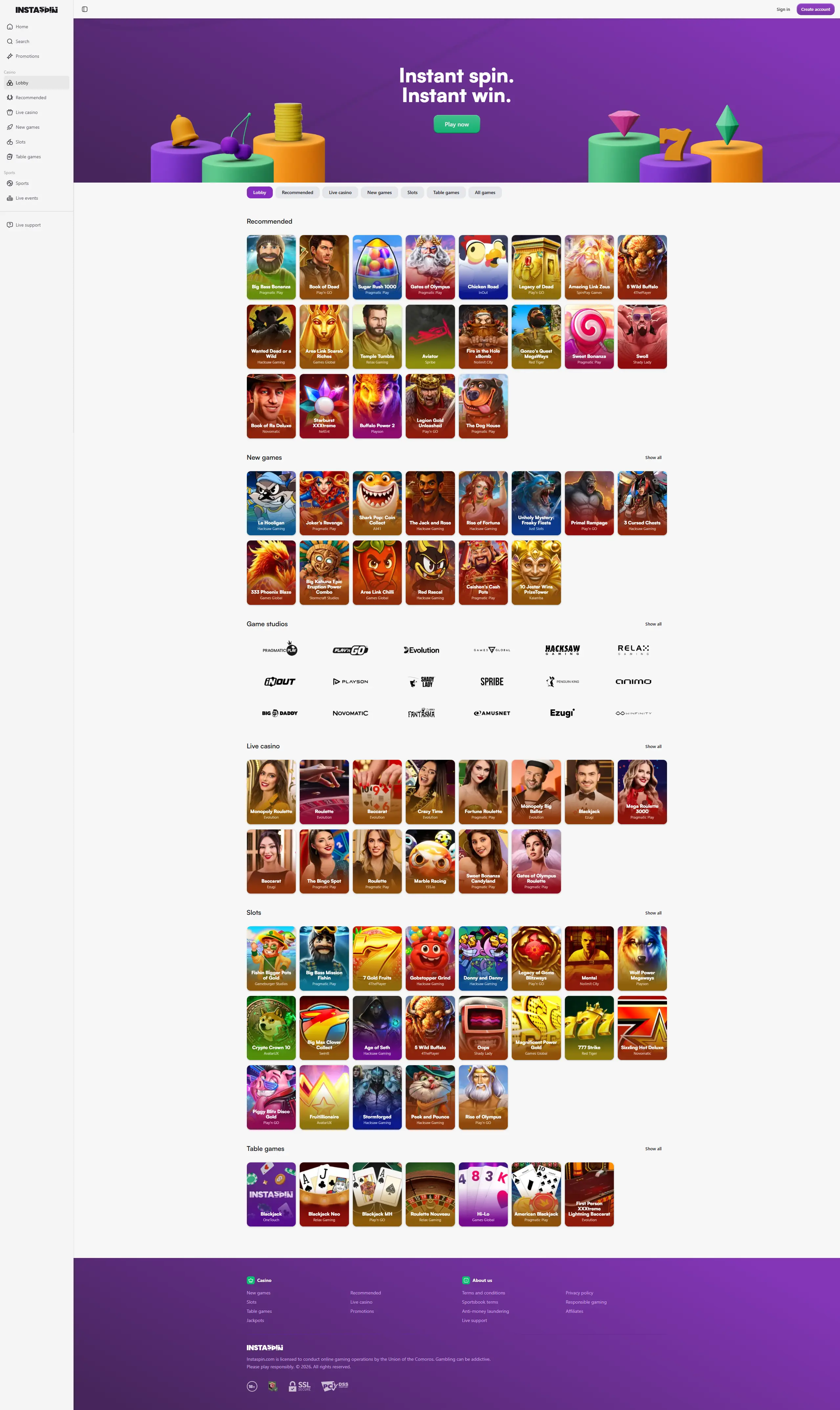 InstaSpin Casino homepage showing the games lobby with recommended slots, new games, live casino and table games sections at this non UK casino not on GamStop, tested June 2026