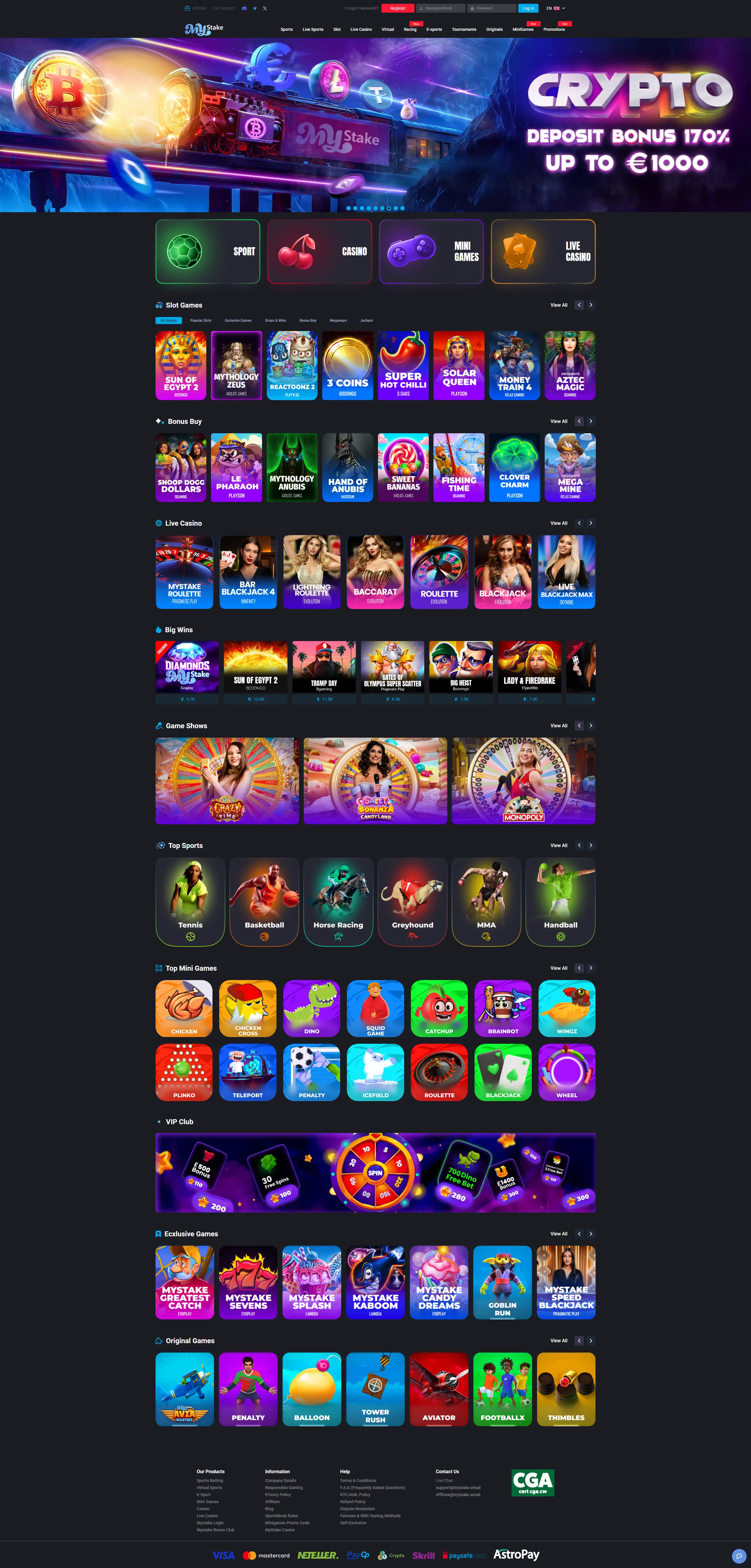MyStake Casino homepage showing slot games, bonus buy, live casino, mini games and original games at this non UK casino and sportsbook, tested June 2026
