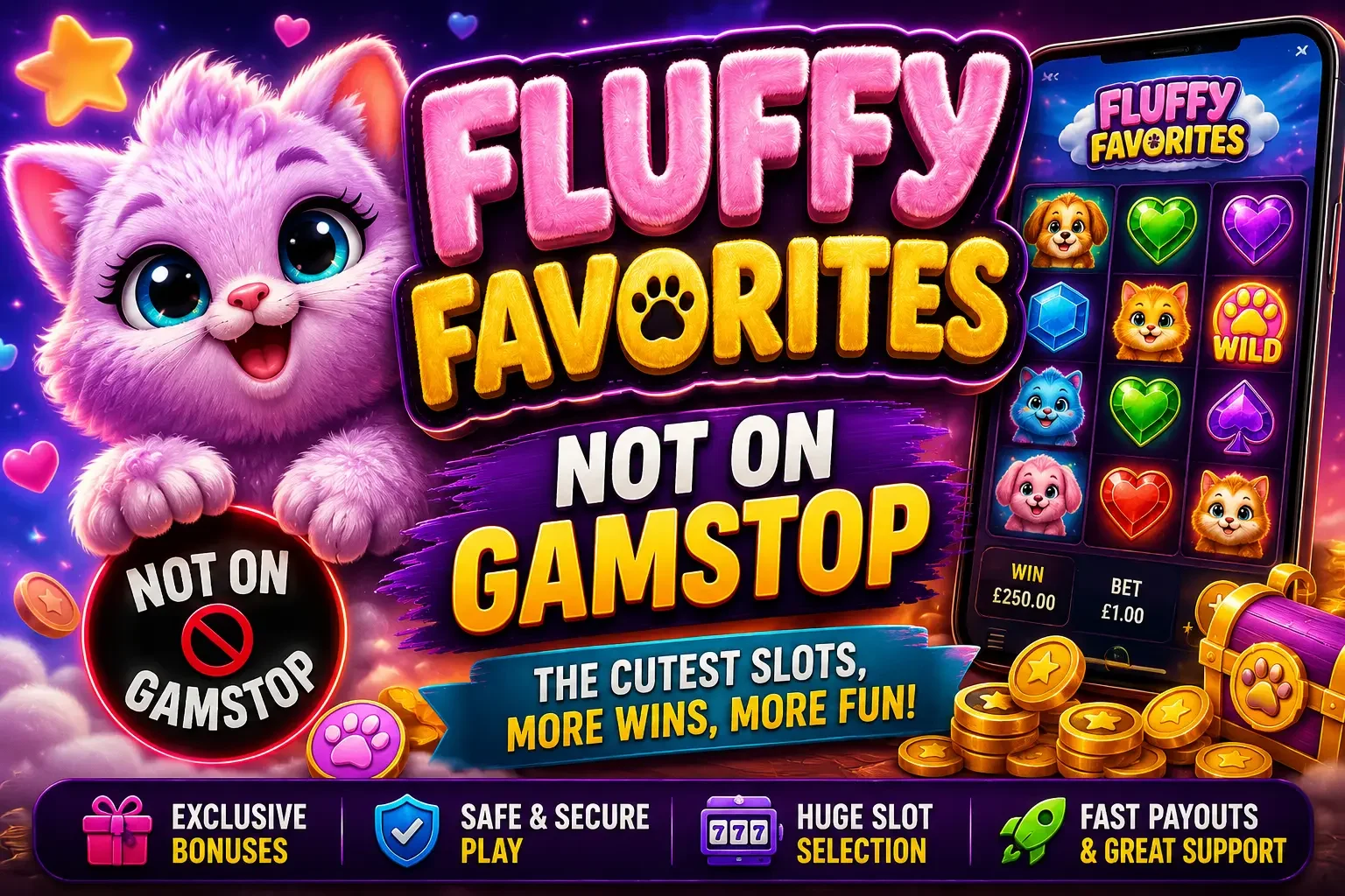 Fluffy Favourites not on GamStop slot artwork with the pink fluffy cat mascot and cuddly-toy symbols